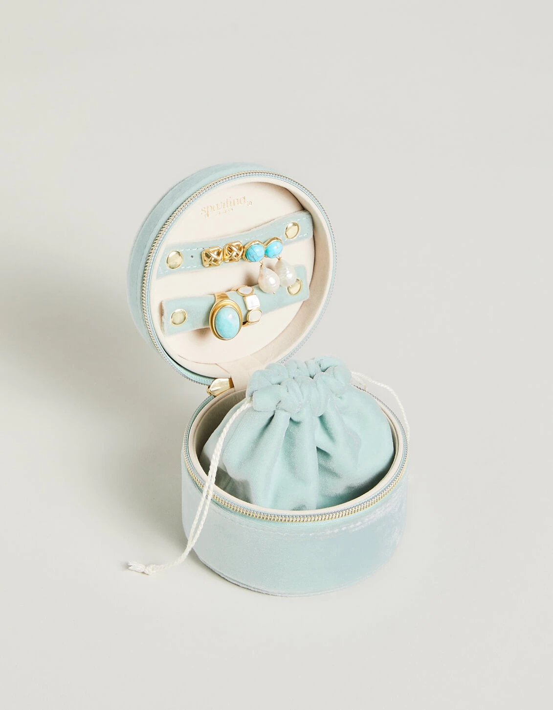 Embroidered Round Jewelry Travel Case Sea Foam/Pink Velvet 2 Embroidered Round Jewelry Travel Case Sea Foam/Pink Velvet - Image 2