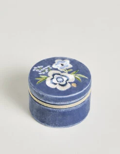 Embroidered Round Jewelry Travel Case Blue Velvet