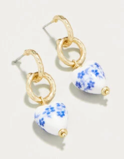 Ceramic Heart Earrings Blue Flowers