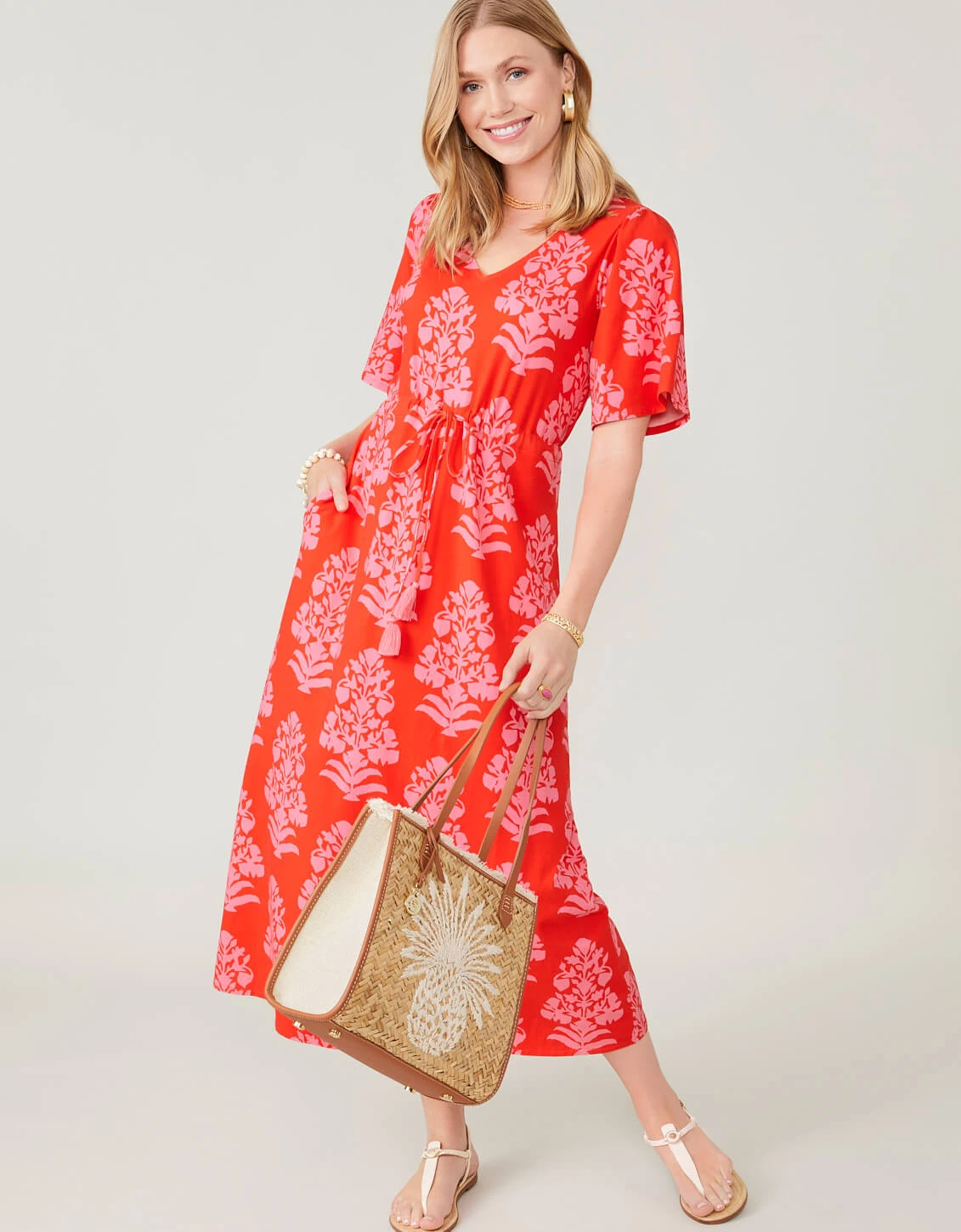 Blakelynn Midi Dress Queenie Woodblock Floral Tomato 2 Blakelynn Midi Dress Queenie Woodblock Floral Tomato - Image 2