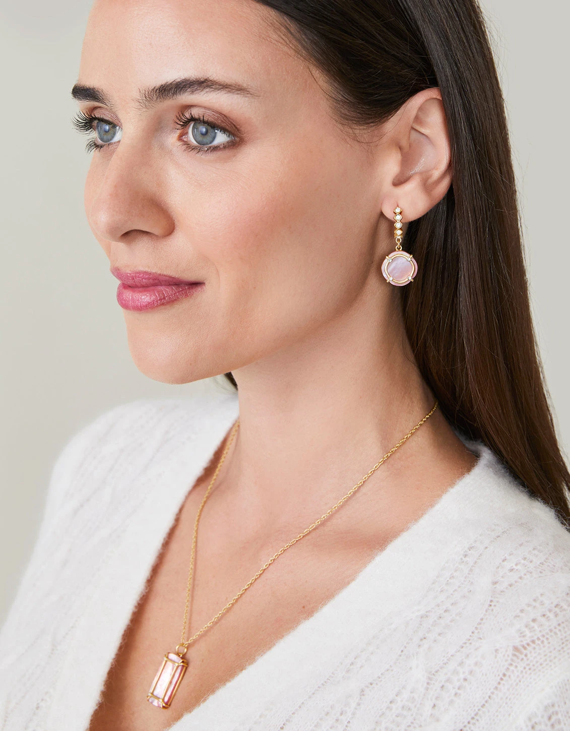 Orla Round Drop Earrings Pink Mother-of-Pearl 2 Orla Round Drop Earrings Pink Mother-of-Pearl - Image 2