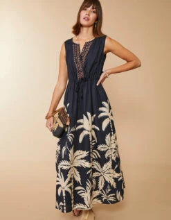 Keila Midi Dress Southern Resort Palms Black -Spartina Store 396297