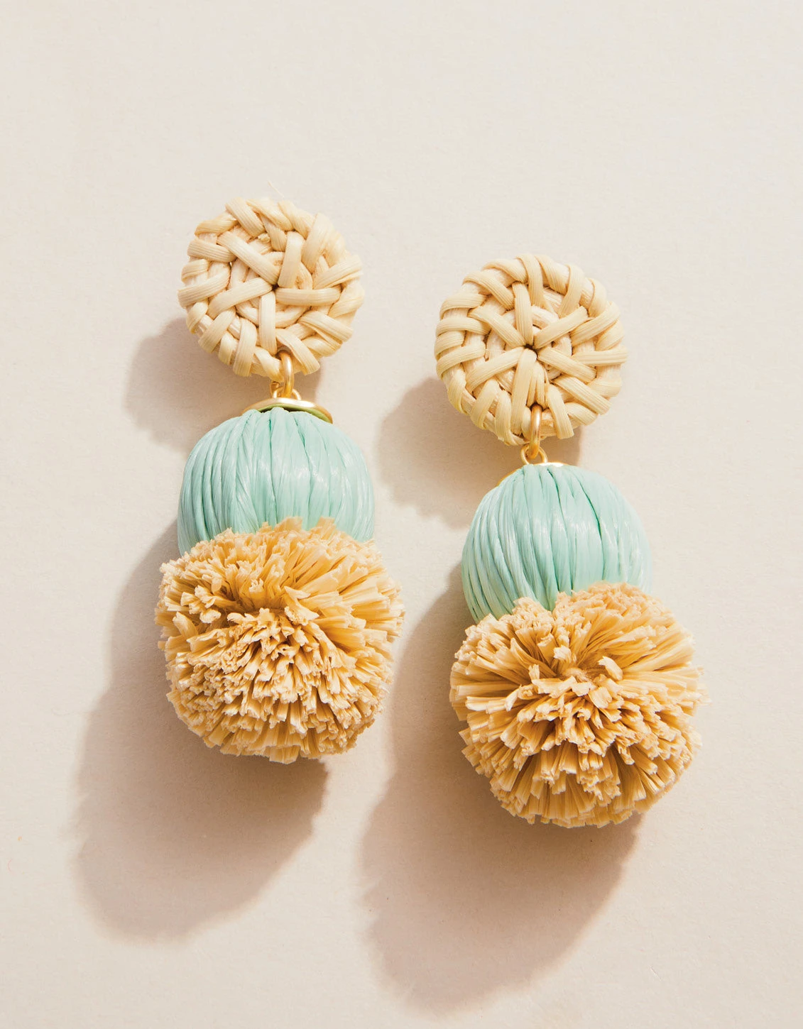 Straw Pom Earrings Sea Foam 1 Straw Pom Earrings Sea Foam