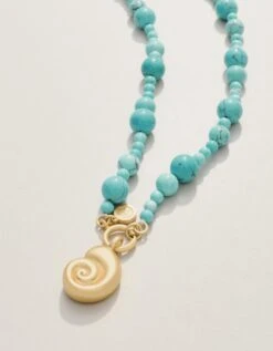 Beaded Charm Necklace 36" Turquoise/Nautilus