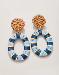 Straw Oval Earrings Blue