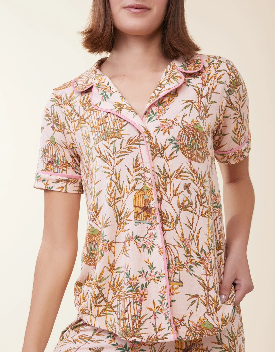 Short Sleeve Pajama Top Enclave Bamboo Bird Cage Pink
