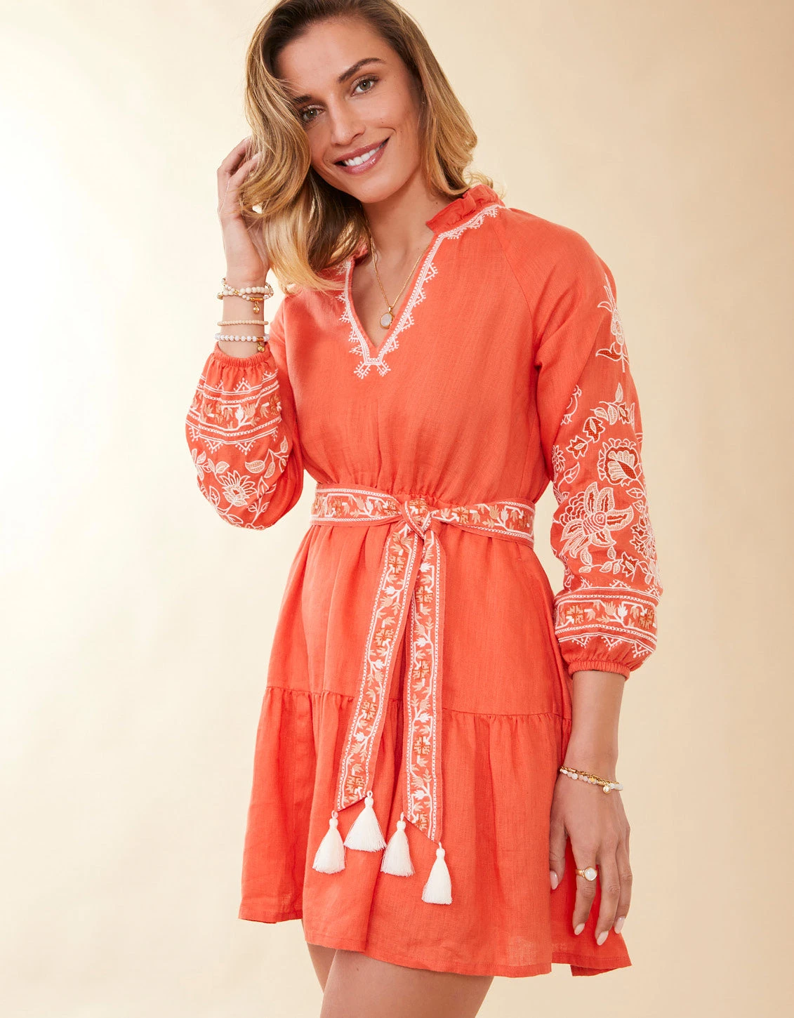 Sunita Linen Dress Callawassie Coral Embroidery 1 Sunita Linen Dress Callawassie Coral Embroidery