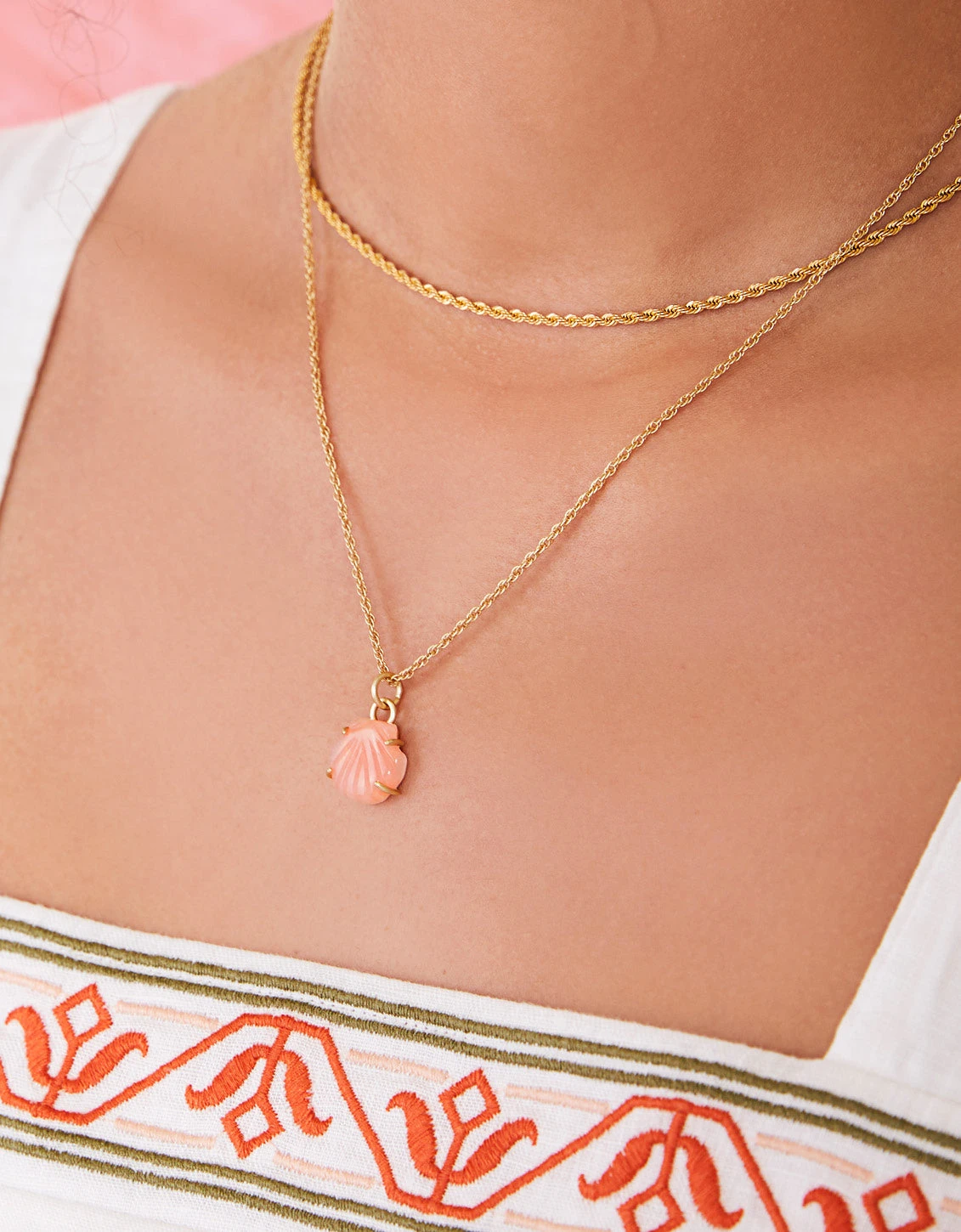 Carved Shell Necklace 18" Coral 2 Carved Shell Necklace 18" Coral - Image 2