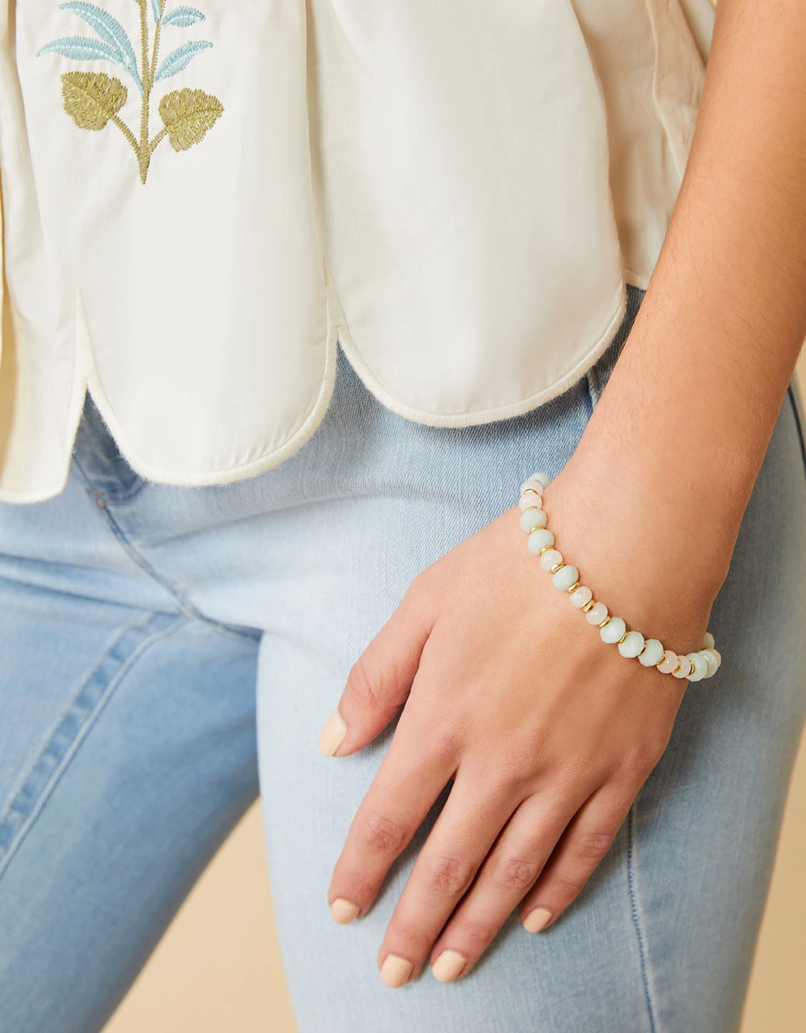 Stone Stretch Bracelet 10mm Sea Foam/White 2 Stone Stretch Bracelet 10mm Sea Foam/White - Image 2