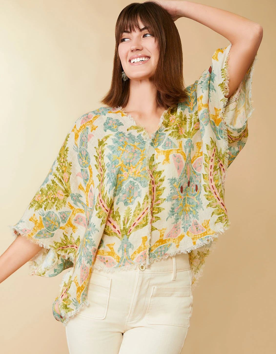 Rynn Linen Poncho Sugar Mill Damask Flax 2 Rynn Linen Poncho Sugar Mill Damask Flax - Image 2