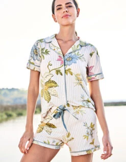 Short Sleeve Pajama Top Floral Vine Stripe Blue 5 Short Sleeve Pajama Top Floral Vine Stripe Blue -Spartina Store 972994m