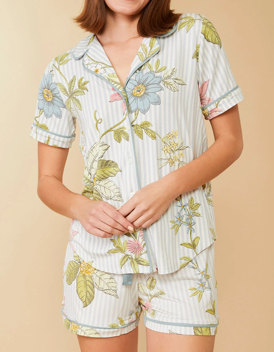 Short Sleeve Pajama Top Floral Vine Stripe Blue 2 Short Sleeve Pajama Top Floral Vine Stripe Blue - Image 2