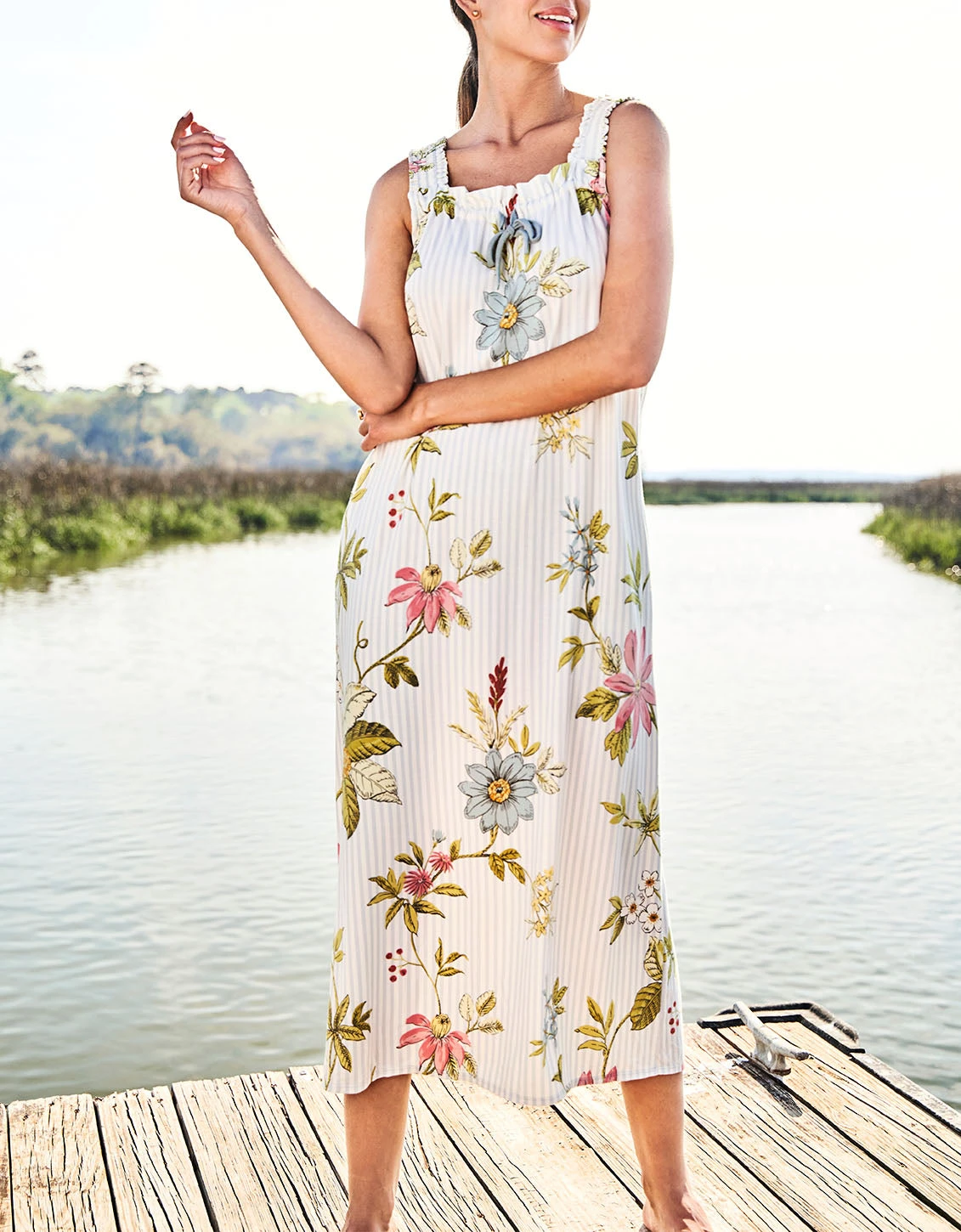 Sleeveless Nightgown Floral Vine Stripe Blue 1 Sleeveless Nightgown Floral Vine Stripe Blue