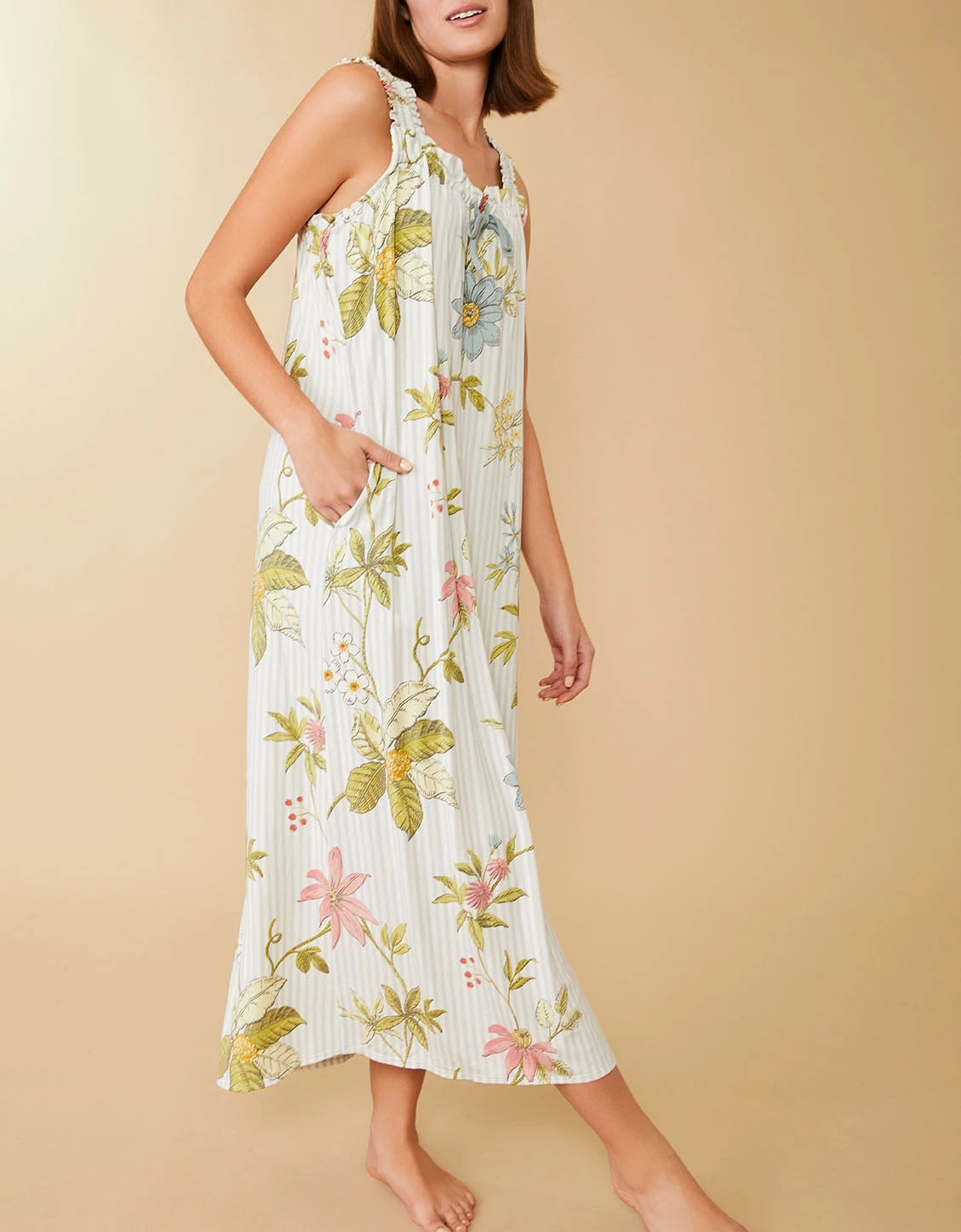 Sleeveless Nightgown Floral Vine Stripe Blue 4 Sleeveless Nightgown Floral Vine Stripe Blue - Image 4