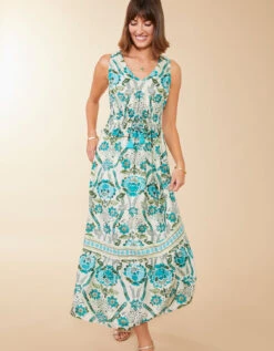 Justine Midi Dress Mystic Moss Stencil Blue -Spartina Store 979085a